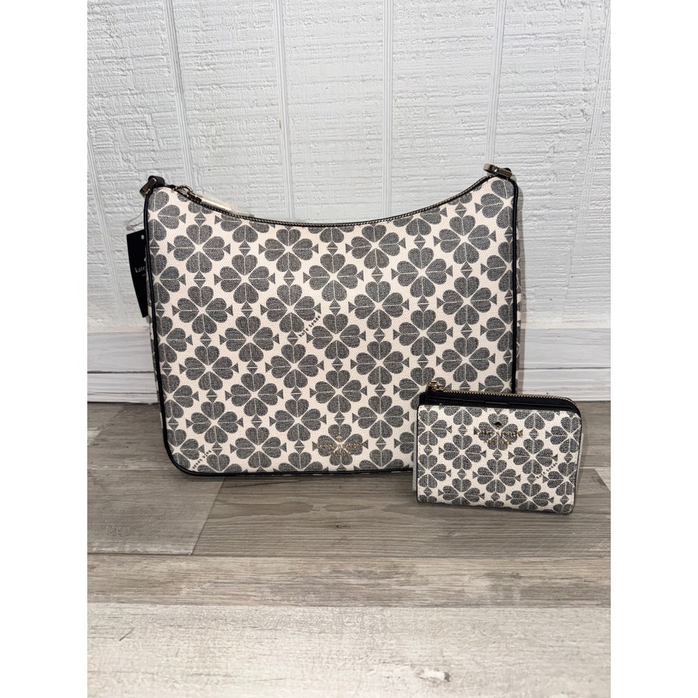 Kate Spade Spade Flower Monogram Crossbody Bag and Wallet Set Black Cream NEW